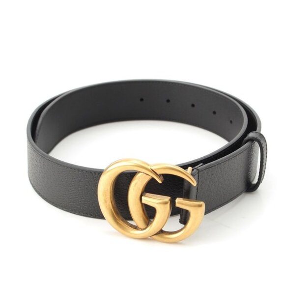 Gucci Leather Double Buckle Logo Belt Black Gold 90